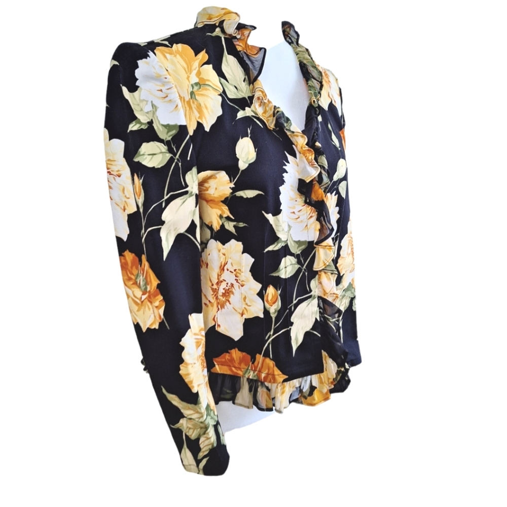 St. John Sport by Marie Gray Black Yellow Floral Ruffle Trim Blazer Jacket szS - Picture 3 of 13